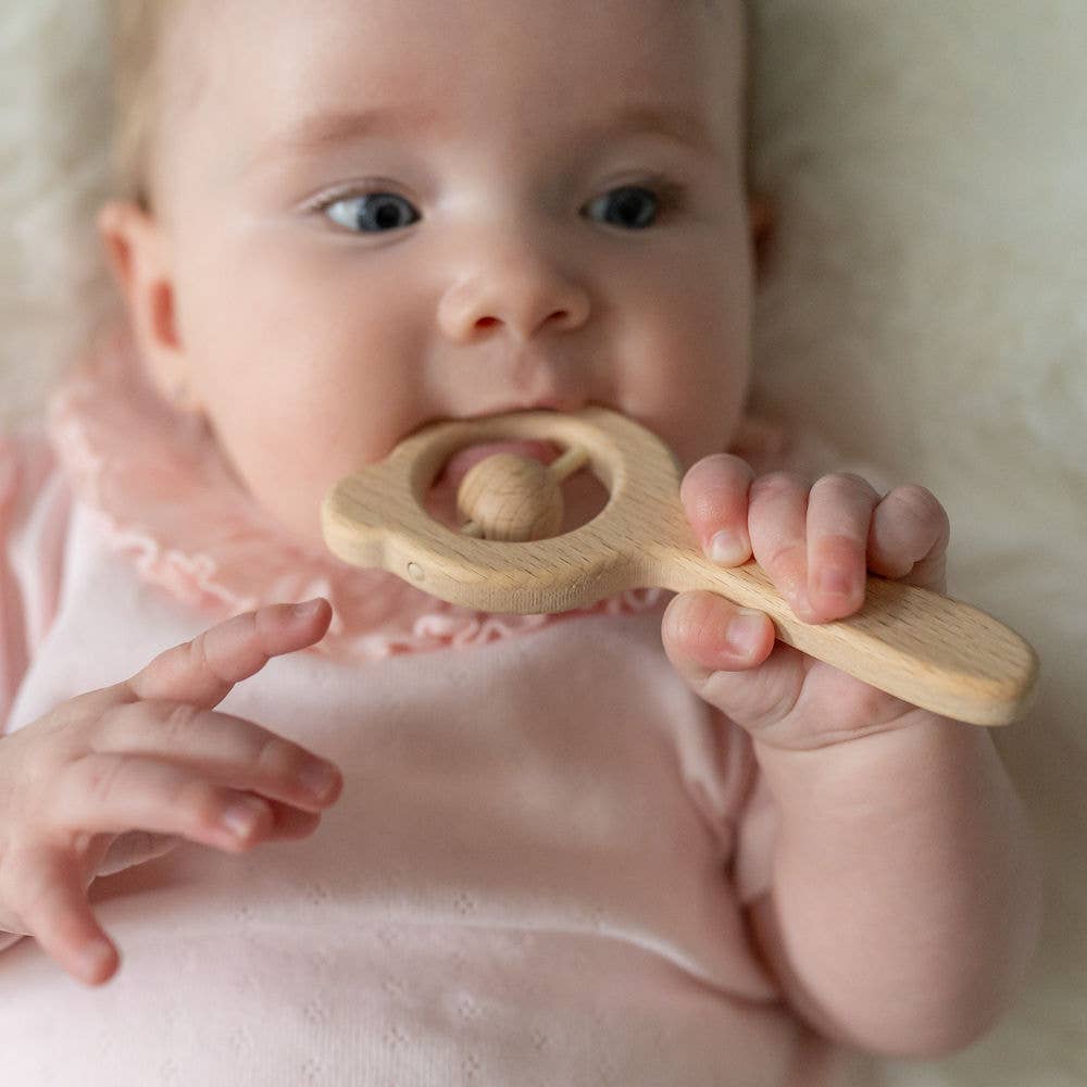 Natural Wooden Baby Rattle with Soft Silicone Teething Beads