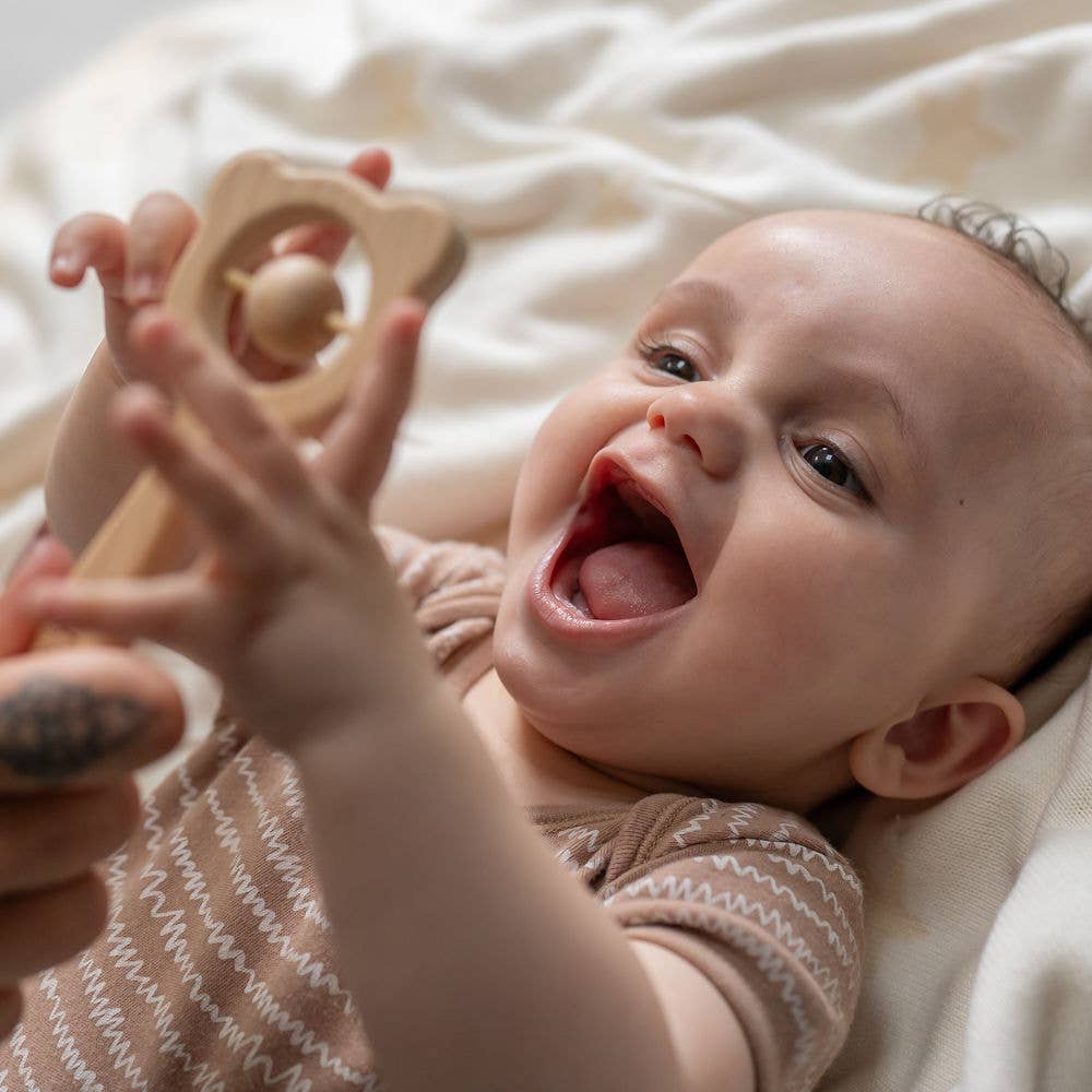 Natural Wooden Baby Rattle and Teething Toy with Soft Silicone Beads
