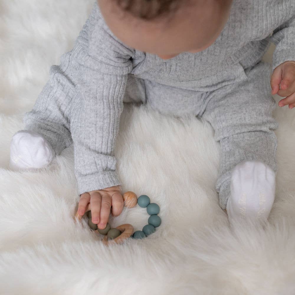 Natural Wooden Baby Rattle and Teething Toy with Soft Silicone Beads