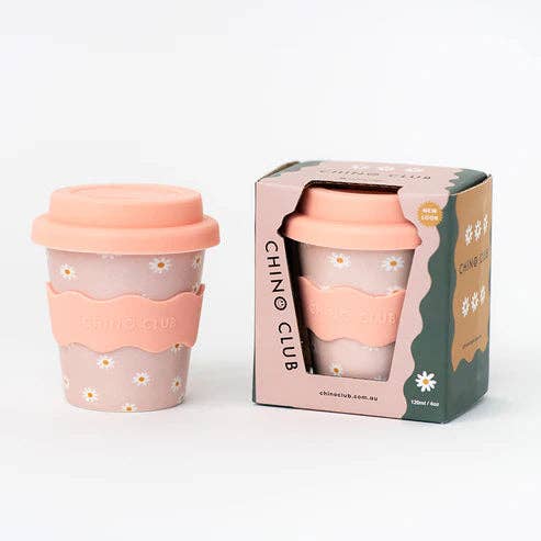 Pink Daisy Babychino Cup with Silicone Lid and Optional Straw 120ml Eco-Friendly Gift Box