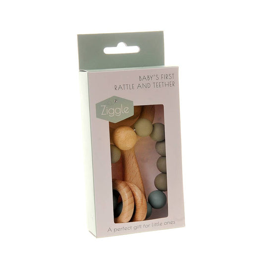Natural Wooden Baby Rattle and Teething Toy with Soft Silicone Beads