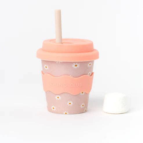 Pink Daisy Babychino Cup with Silicone Lid and Optional Straw 120ml Eco-Friendly Gift Box