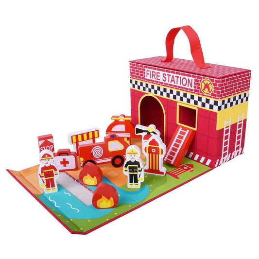 Jumini Fire Station Wooden Playset – Fold Away, Travel-Friendly, Imaginative Play UK